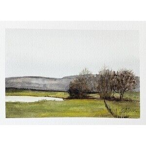 Watercolor Painting Original Landscape Country Lake Trees "Far Field" Signed 5x7